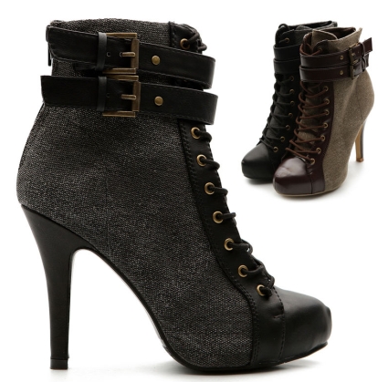 Navy High Heels Shoes on Winter Lace Ups Military Ankle Boots Buckle High Heels