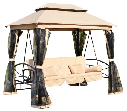 SaferWholesale Outdoor 3 Person Patio Daybed Canopy Gazebo Swing - Tan w/ Mesh Walls