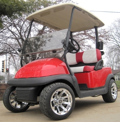 SaferWholesale Candy Apple Red Club Car Golf Cart With Custom Rims & Red/White Seats