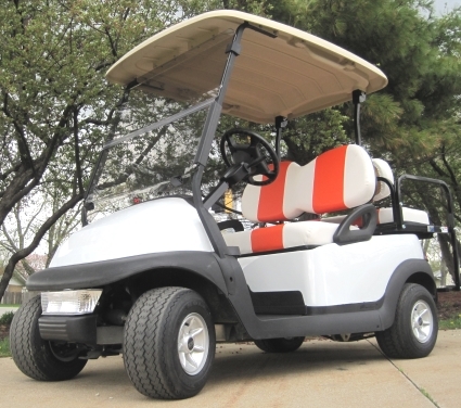 SaferWholesale White 48v Club Car Precedent Golf Cart w/ Custom Orange & White Seats