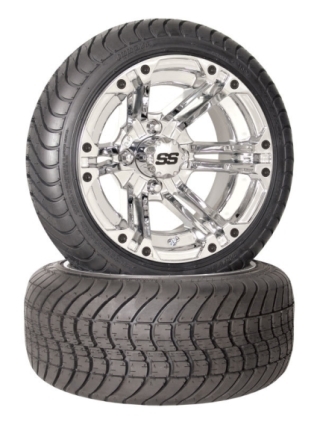 SaferWholesale 4 215x35-12 Achieva Tires on 12x7 4/4 2+5 o/s SS212 Alloy Chrome Golf Cart Wheels