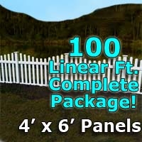 SaferWholesale 100 ft Complete Solid PVC Vinyl Open Top Scallop Picket Fencing Package - 4' x 6' Fence Panels w/ 3