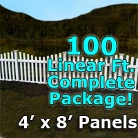 SaferWholesale 100 ft Complete Solid PVC Vinyl Open Top Scallop Picket Fencing Package - 4' x 8' Fence Panels w/ 3