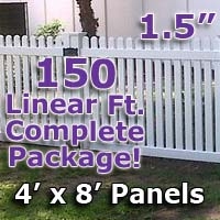 SaferWholesale 150 ft Complete Solid PVC Vinyl Open Top Straight Picket Fencing Package - 4' x 8' Fence Panels w/ 1.5