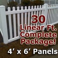 SaferWholesale 30 ft Complete Solid PVC Vinyl Open Top Picket Fencing Package - 4' x 6' Fence Panels w/ 3