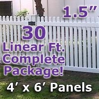 SaferWholesale 30 ft Complete Solid PVC Vinyl Open Top Straight Picket Fencing Package - 4' x 6' Fence Panels w/ 1.5