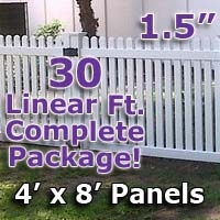 SaferWholesale 30 ft Complete Solid PVC Vinyl Open Top Straight Picket Fencing Package - 4' x 8' Fence Panels w/ 1.5