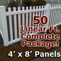 SaferWholesale 50 ft Complete Solid PVC Vinyl Open Top Picket Fencing Package - 4' x 8' Fence Panels w/ 3