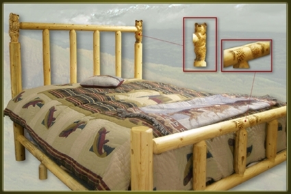 SaferWholesale GoodTimber Rustic Furniture Carved Bear Post Log Bed