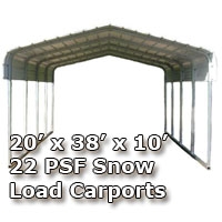 SaferWholesale 20'W x 38'L x 10'H 22 PSF Snow Load Classic Metal Carport