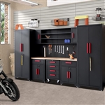 9-Pcs Workshop Set Garage Cabinets and Storage System with Steel Cabinet Drawers, Rolling Chest, Workbench, Pegboard for Garage Tool Organization, Black and Red