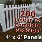 200 ft Complete Solid PVC Vinyl Open Top Picket Fencing Package - 4' x 6' Fence Panels w/ 3" Spacing