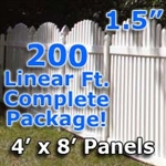 200 ft Complete Solid PVC Vinyl Open Top Arch Picket Fencing Package - 4' x 8' Fence Panels w/ 1.5" Spacing