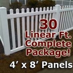 30 ft Complete Solid PVC Vinyl Open Top Picket Fencing Package - 4' x 8' Fence Panels w/ 3" Spacing